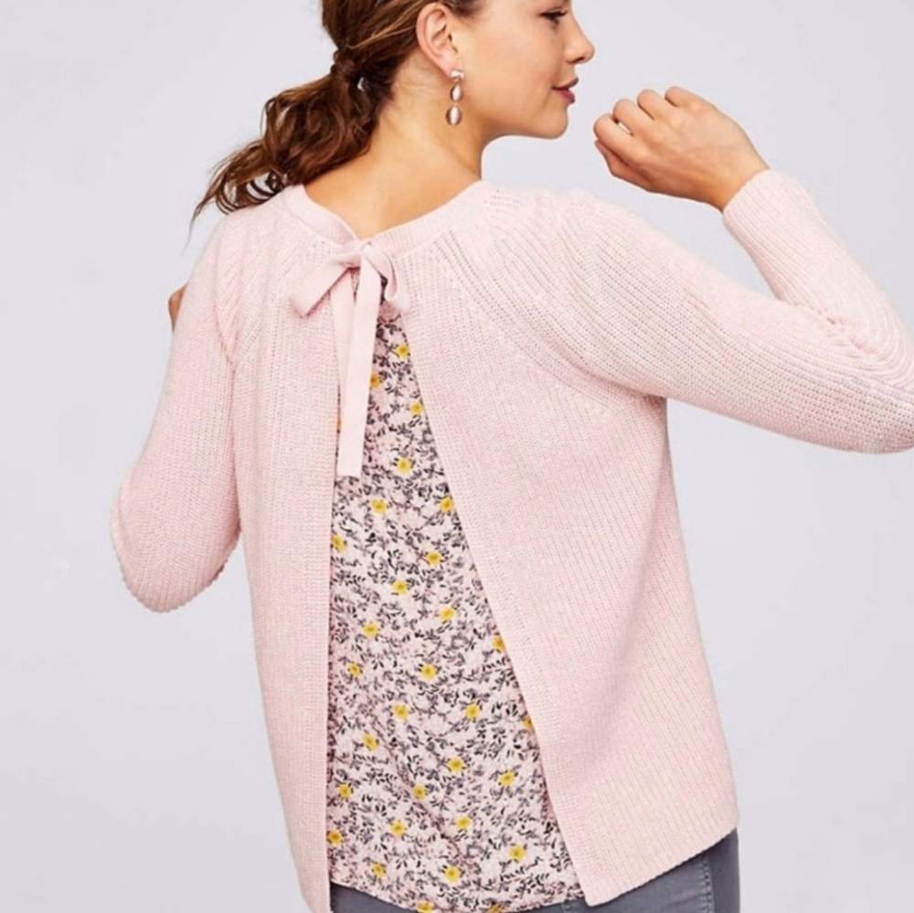 Loft Tie Back Sweater Floral Mixed Media Cotton Knit Long Sleeve Round Neck Pink